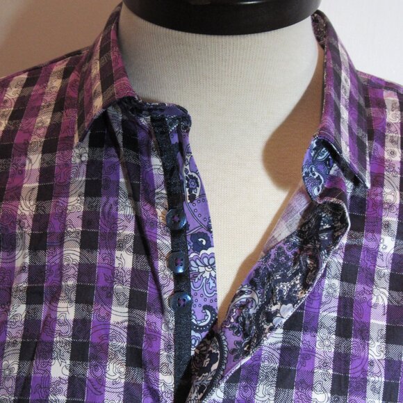 Au Noir Limited Edition Purple Plaid Floral Flip Cuffs Mens Shirt XL or Size 6 - Picture 6 of 12